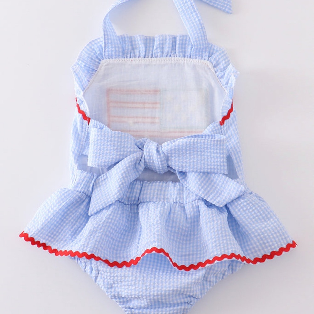 Blue Seersucker Romper with Flag Design - Picture 2 of 2